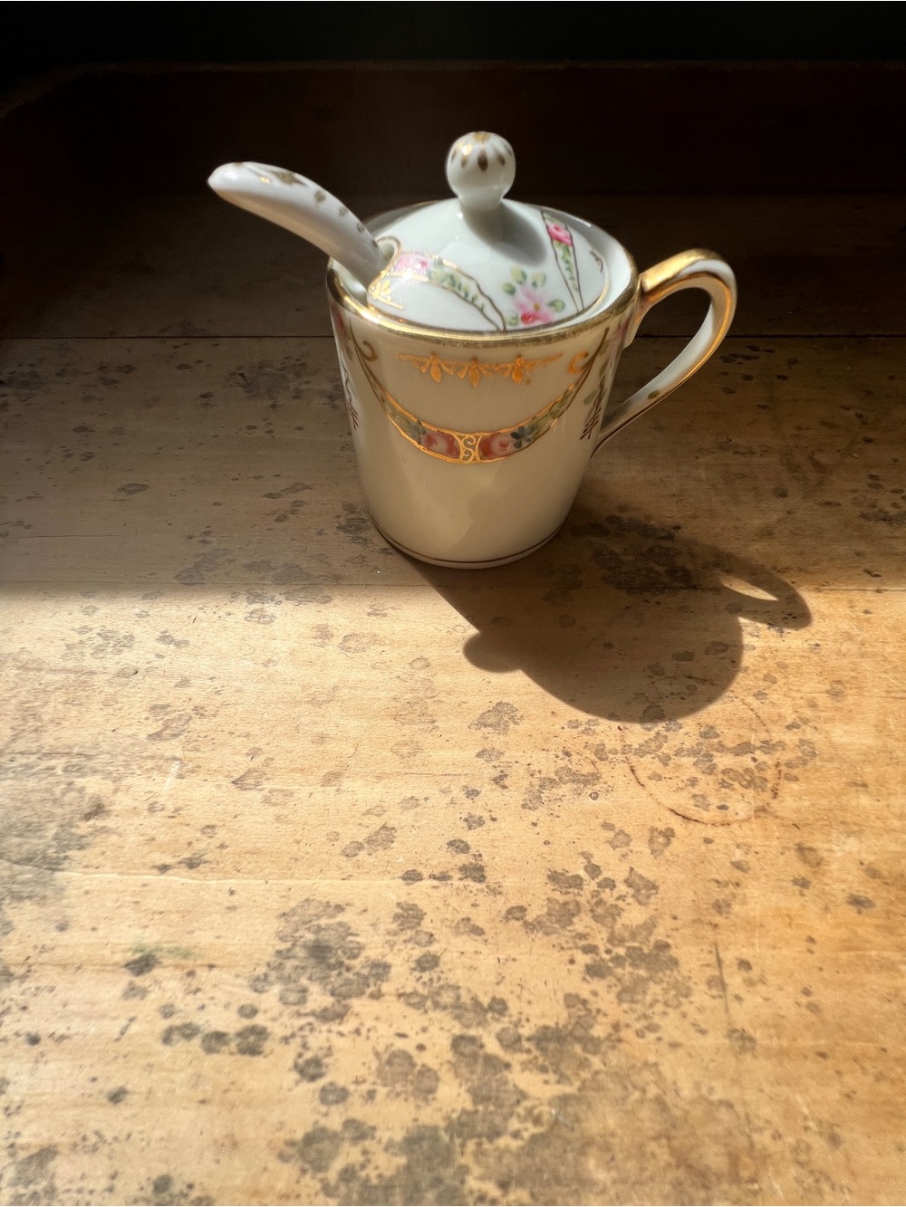Vintage Nippon hand painted small mustard pot with spoon